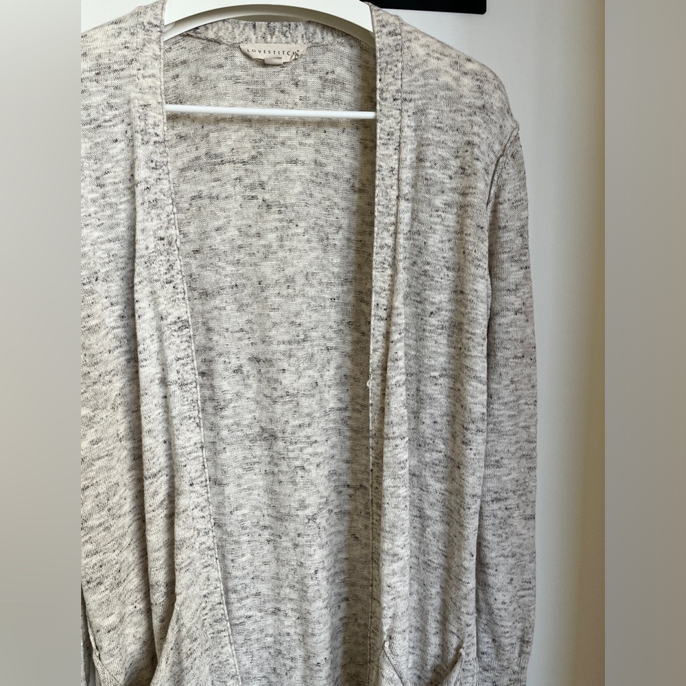 Lovestitch duster cardigan, heathered beige, gold, gray